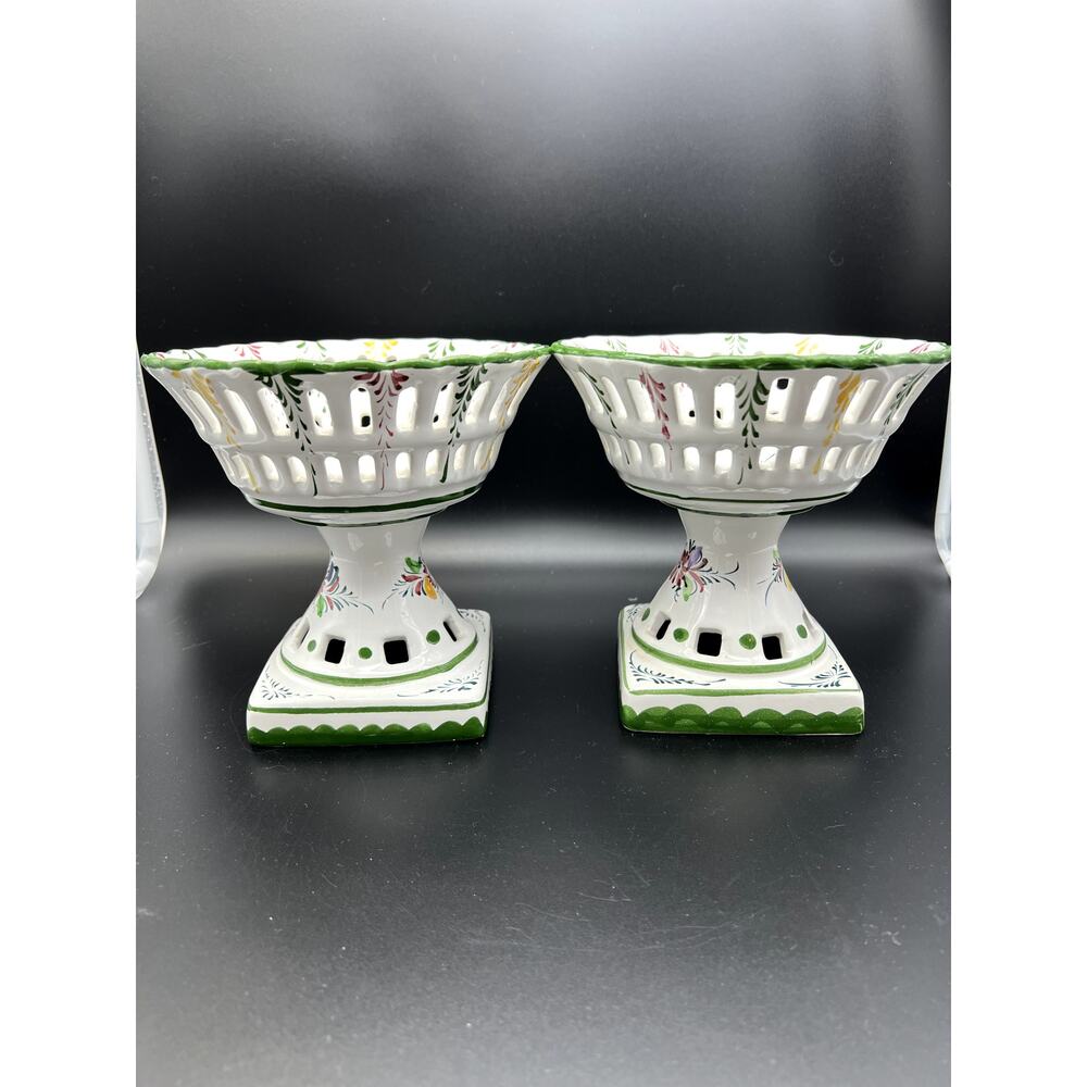 Set of 2 Lattice Compote White Floral Hand Painted #228 Made In Portugal Decor